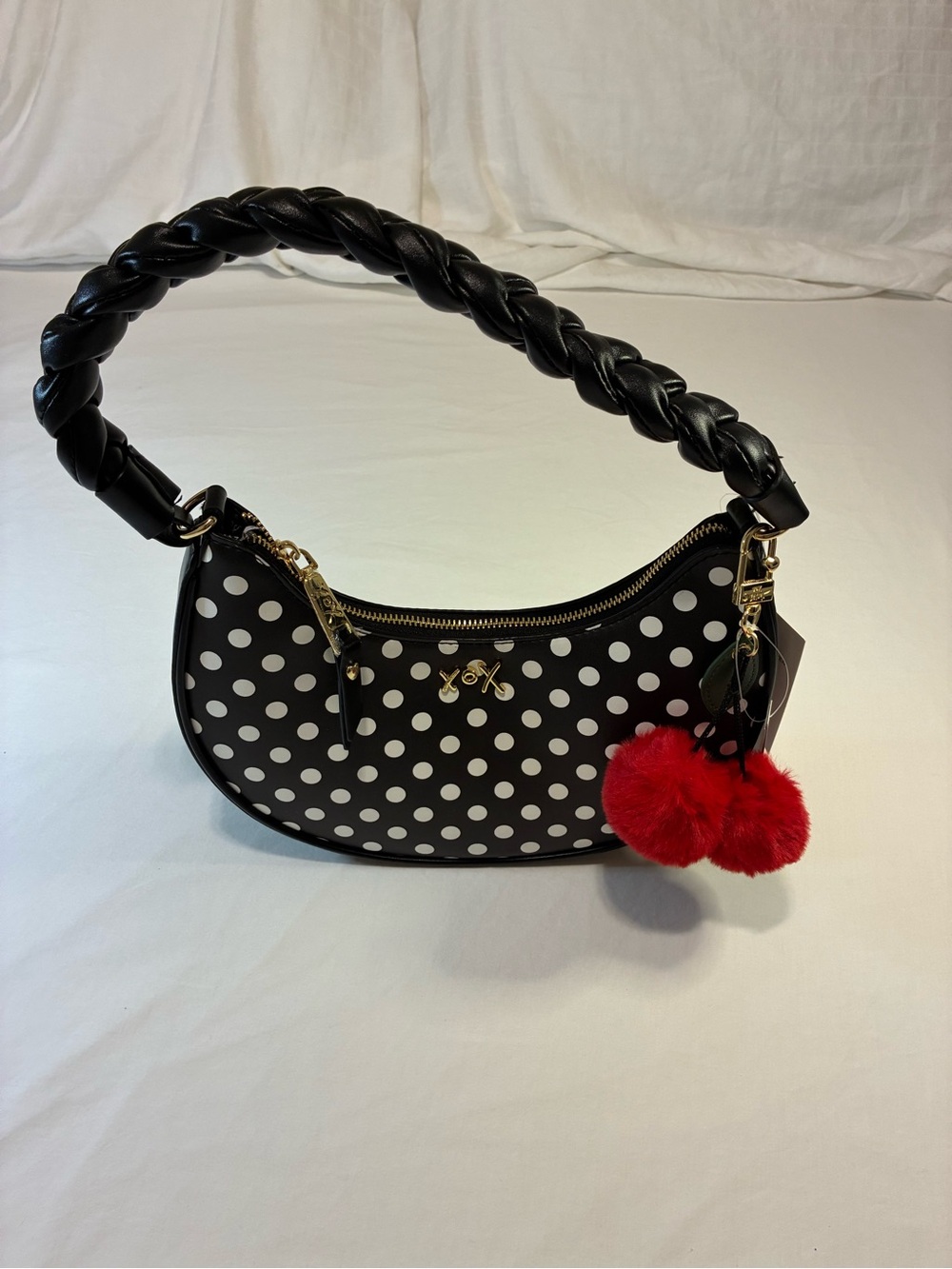 Betsey Johnson Black & White Polka Dot Crescent Shoulder Bag with Red Cherry’s